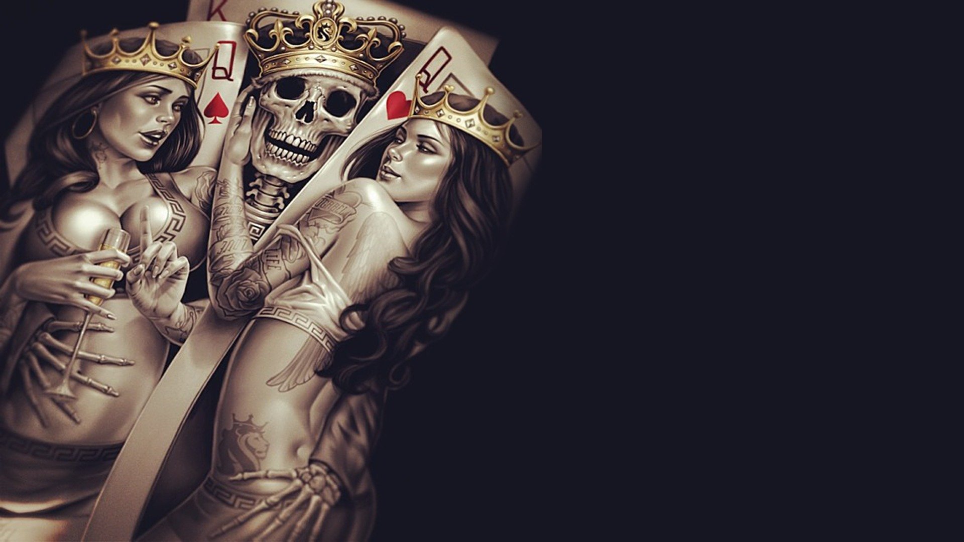 king queen crown poker tattoos skull dice cup