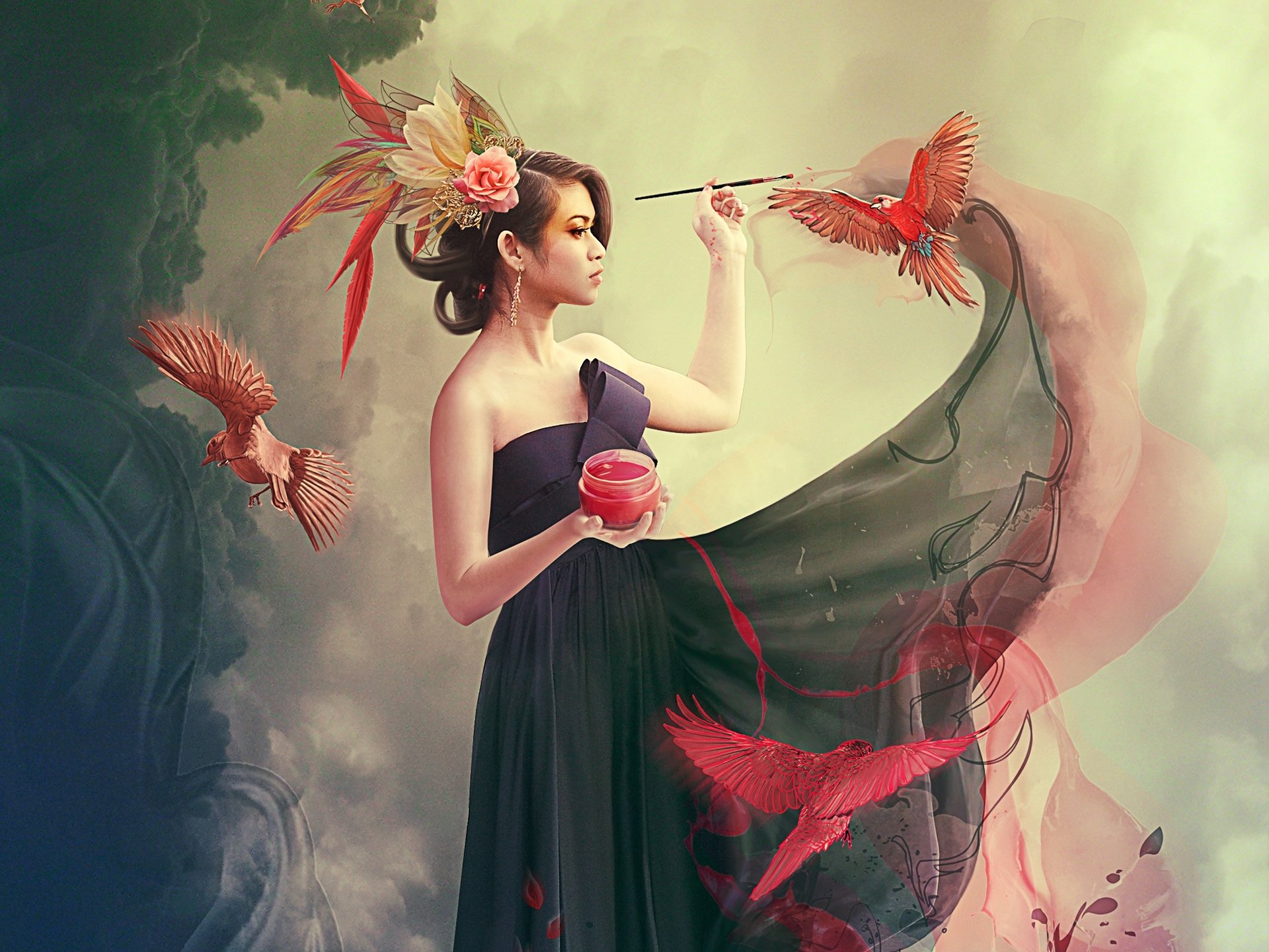 fille peinture brosse oiseaux photomanipulation