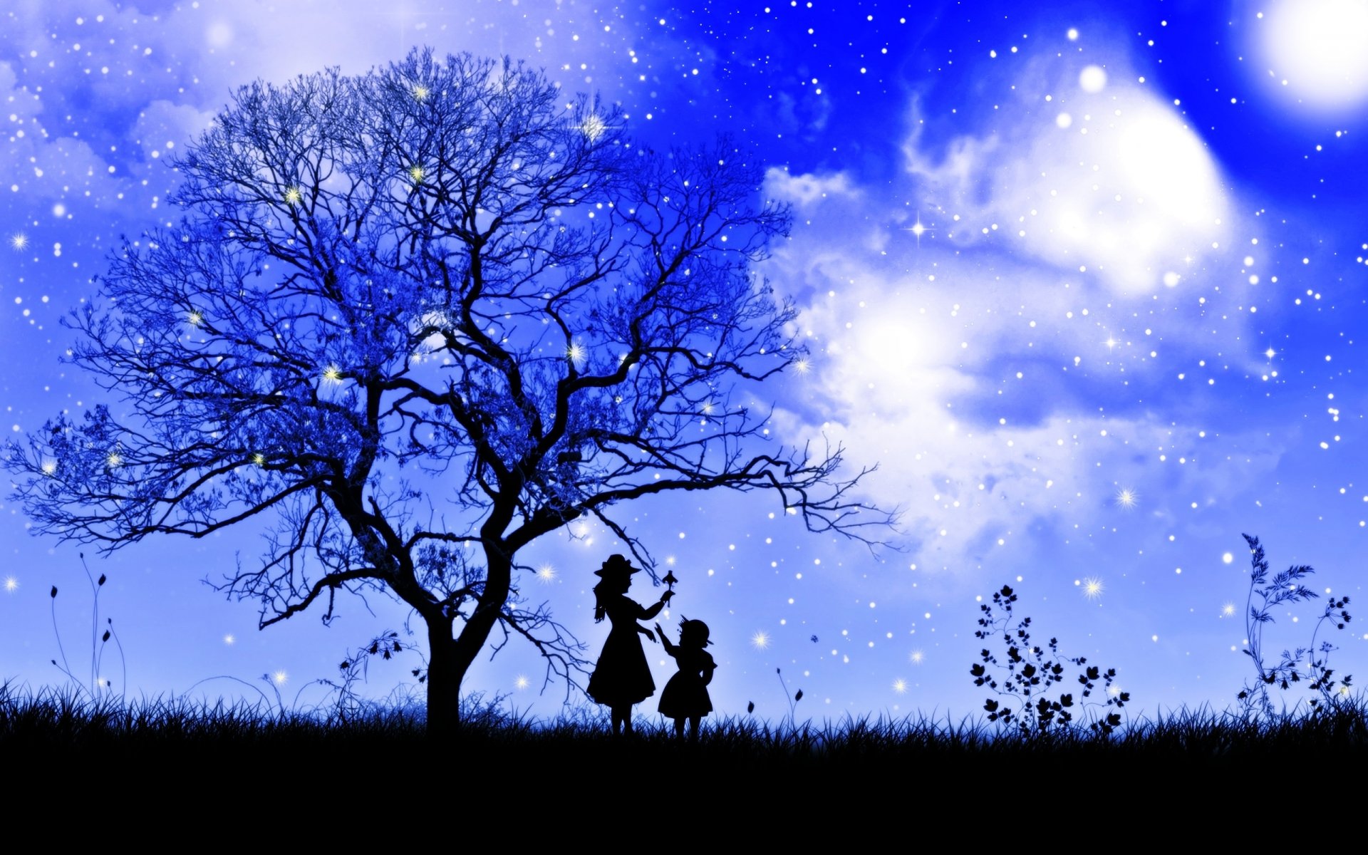 tree branches child girl grass night sky clouds star