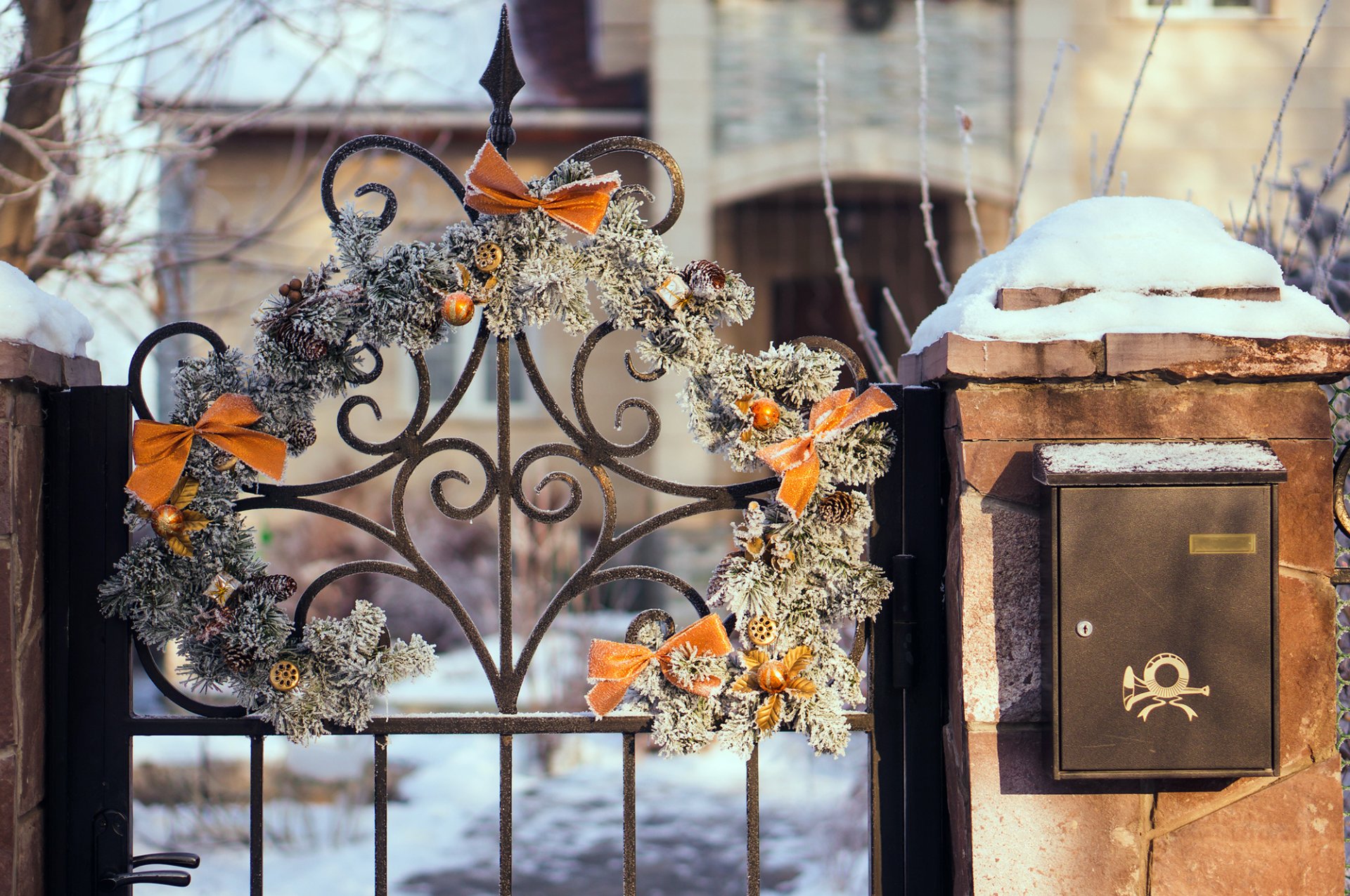 inverno porta corona cancello recinzione cassetta postale neve alberi rami natura