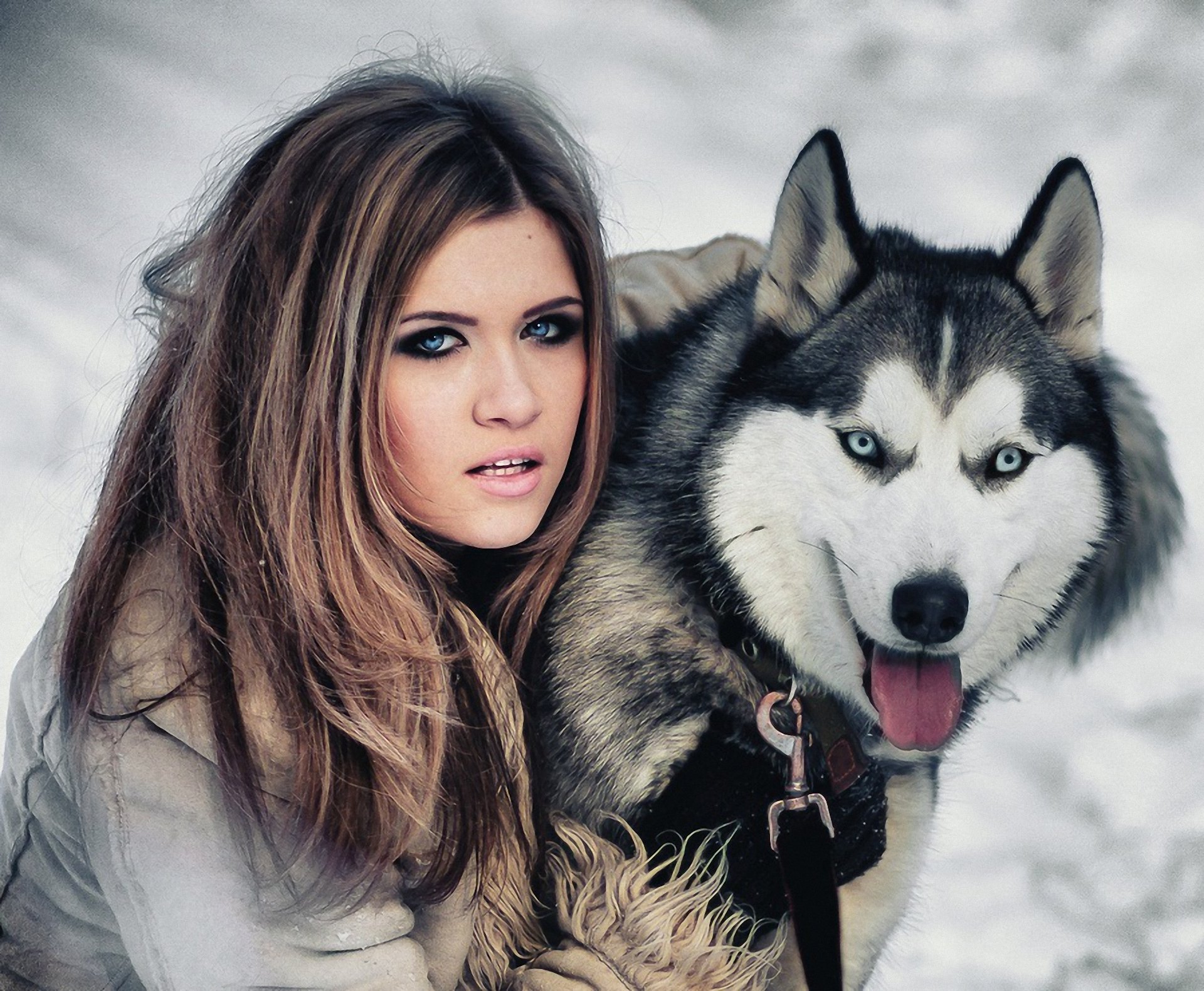 fille chien husky amitié yeux bleus