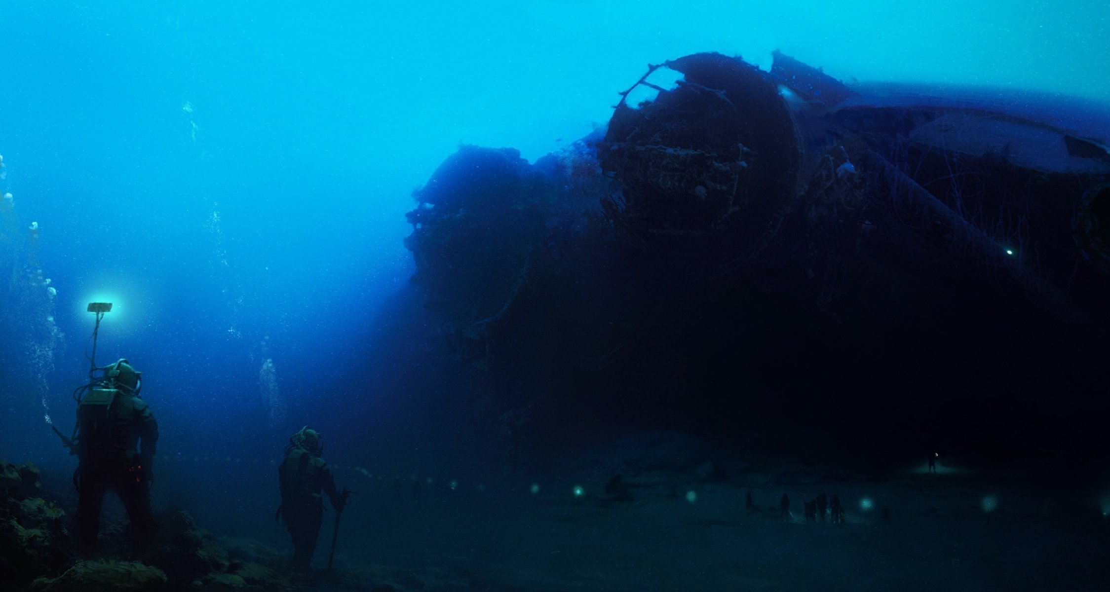 arte bajo el agua mar personas buceo buzo barco expedición esqueleto