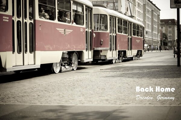 Tram in color on the black and white streets of the city