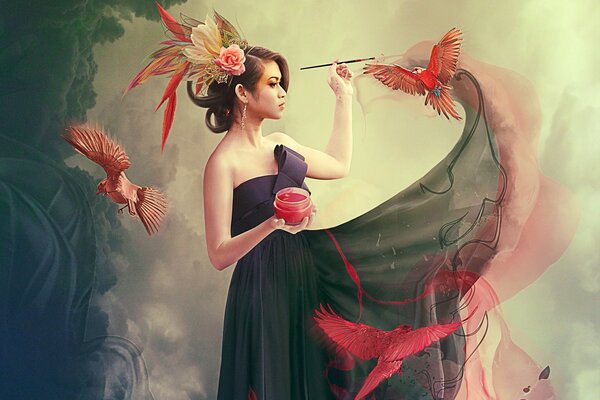 A girl in a beautiful dress with a brush and birds