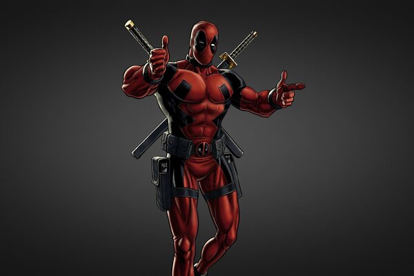 Deadpool pumped up red from Marvel comics on a gray background