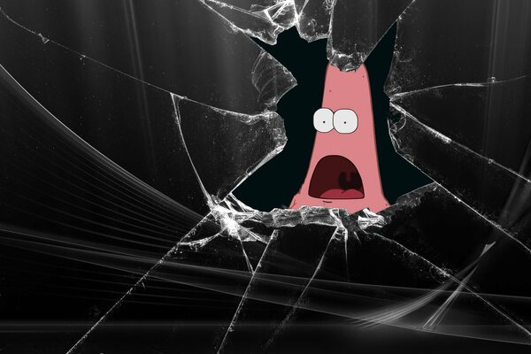 The starfish Patrick from SpongeBob peeks through the broken screen