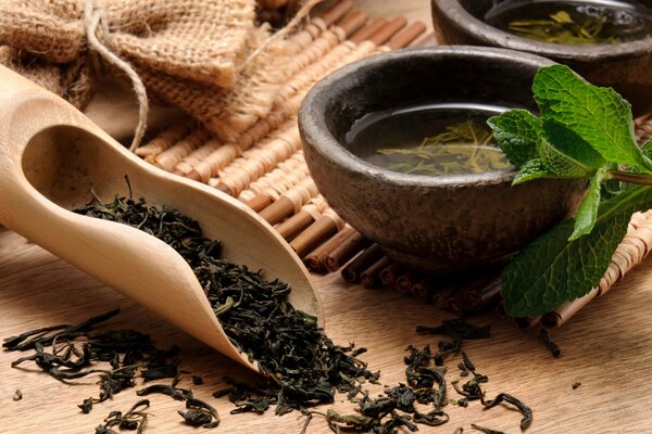 Fragrant green tea poured into bowls