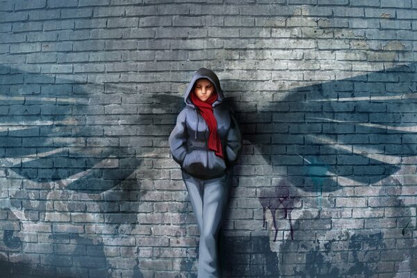 Realistic picture of a girl with wings on a wall background