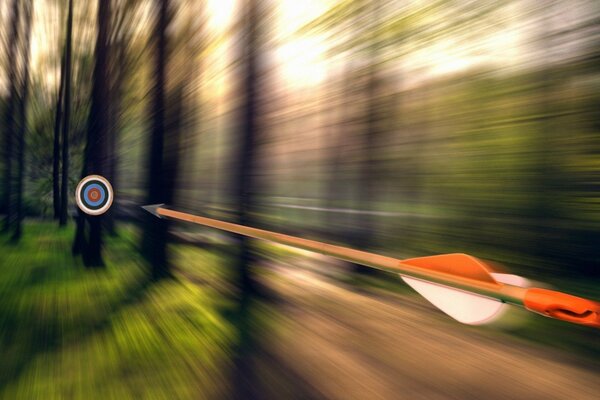 An arrow flying against the background of trees at the target