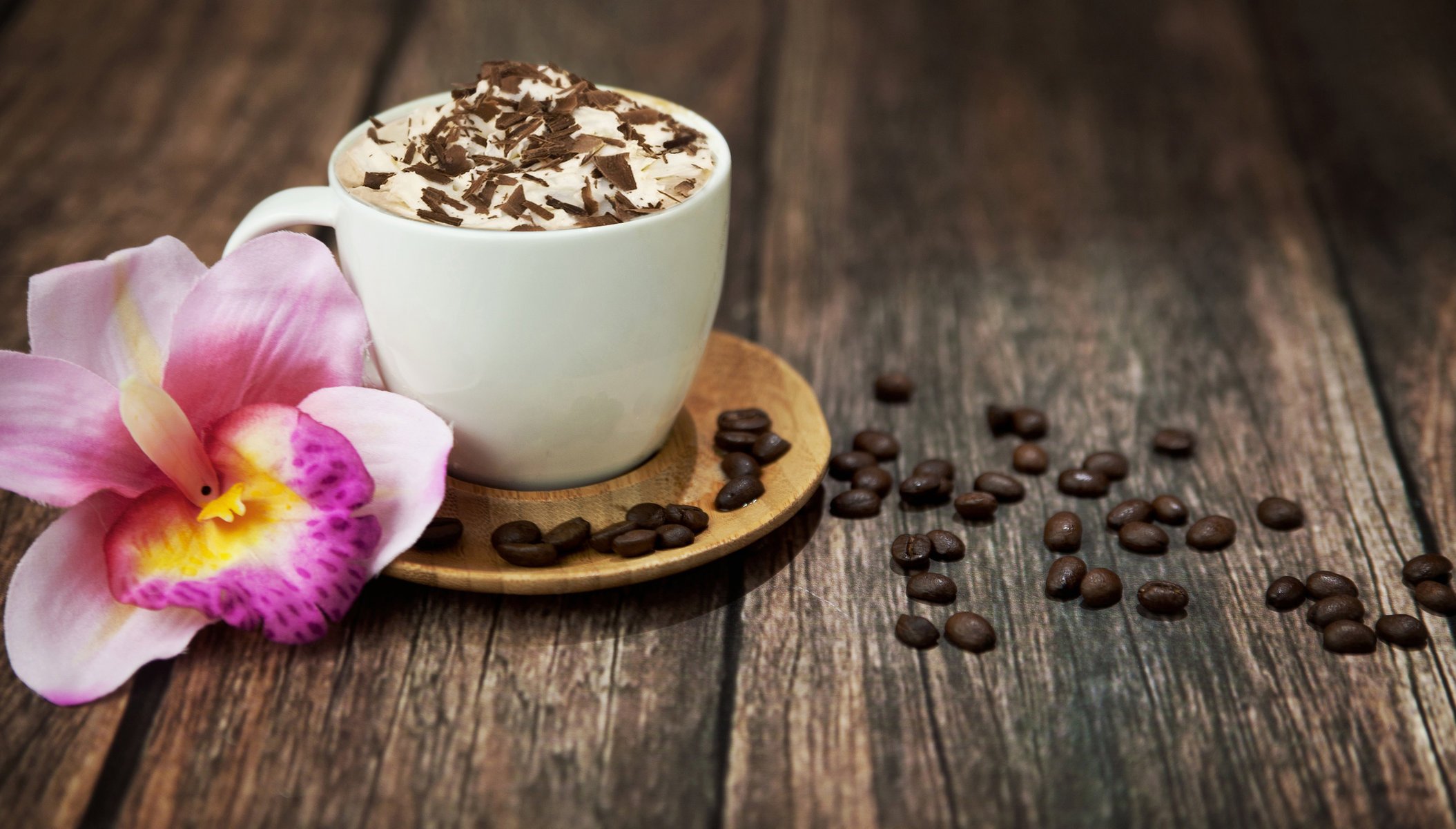 coffee cappuccino drink foam chocolate grain cup orchid pink flower