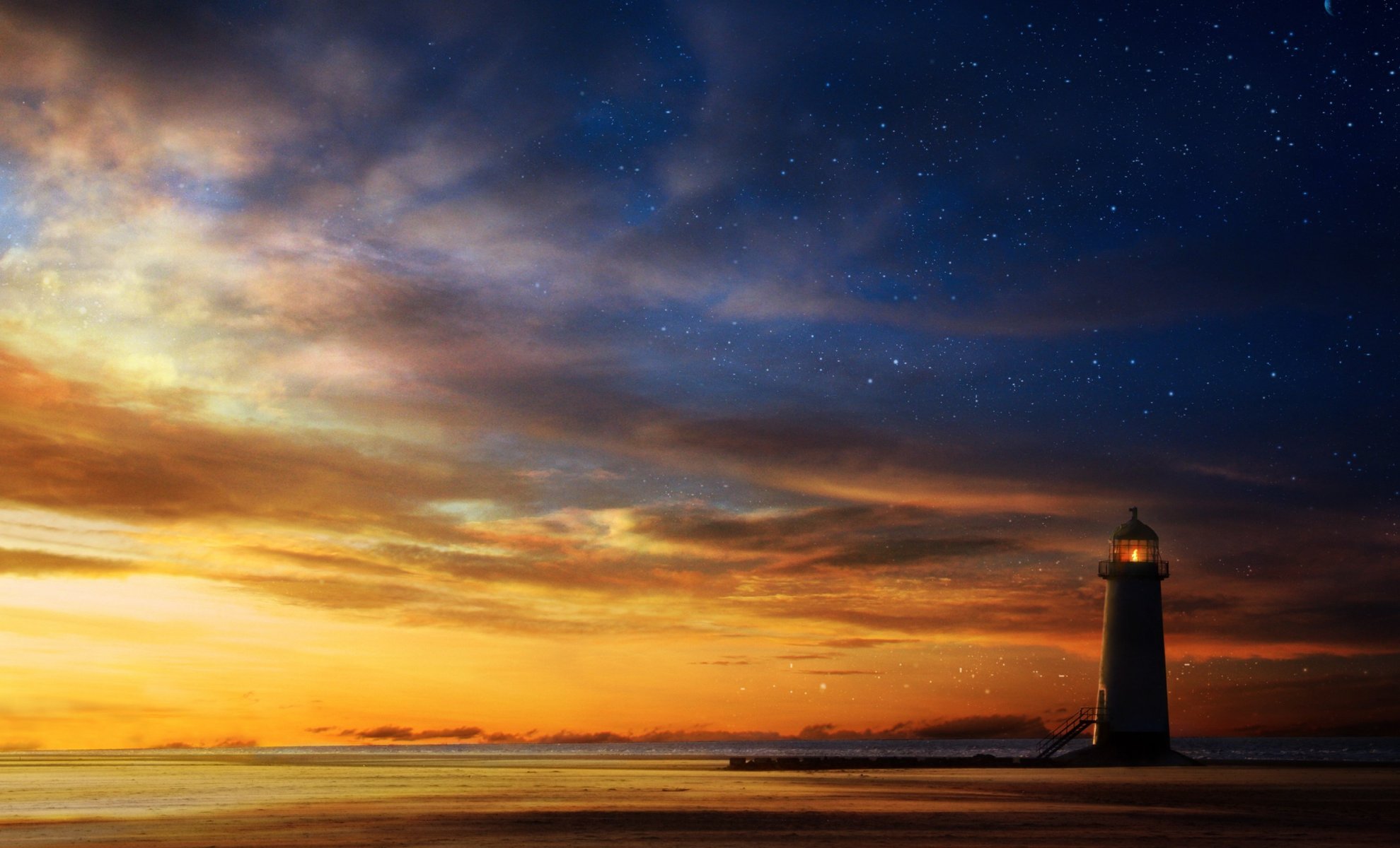 arte mar puesta de sol faro cielo estrellas