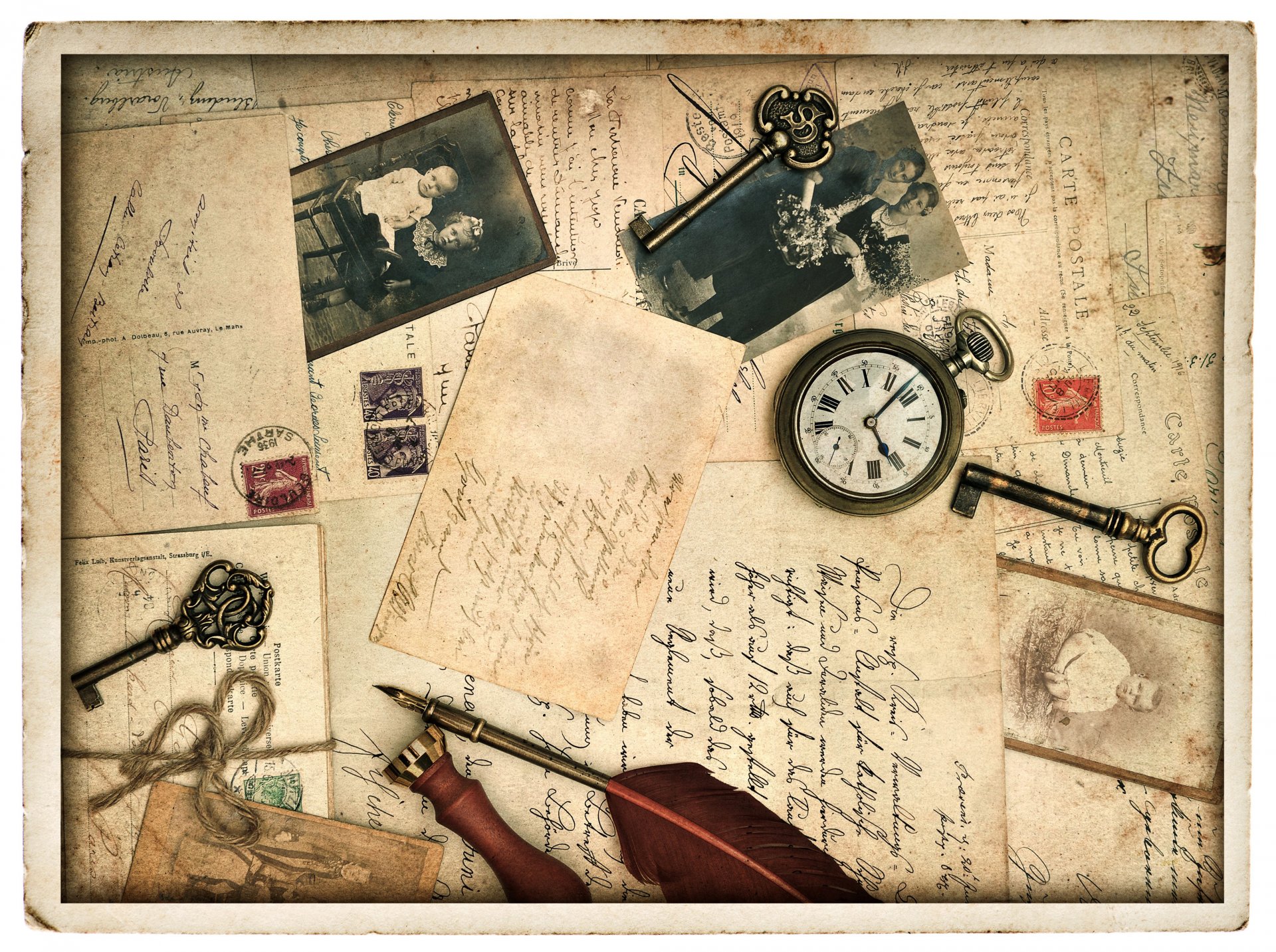 vintage vintage retro zeilen postkarten schlüssel fotos stift uhren