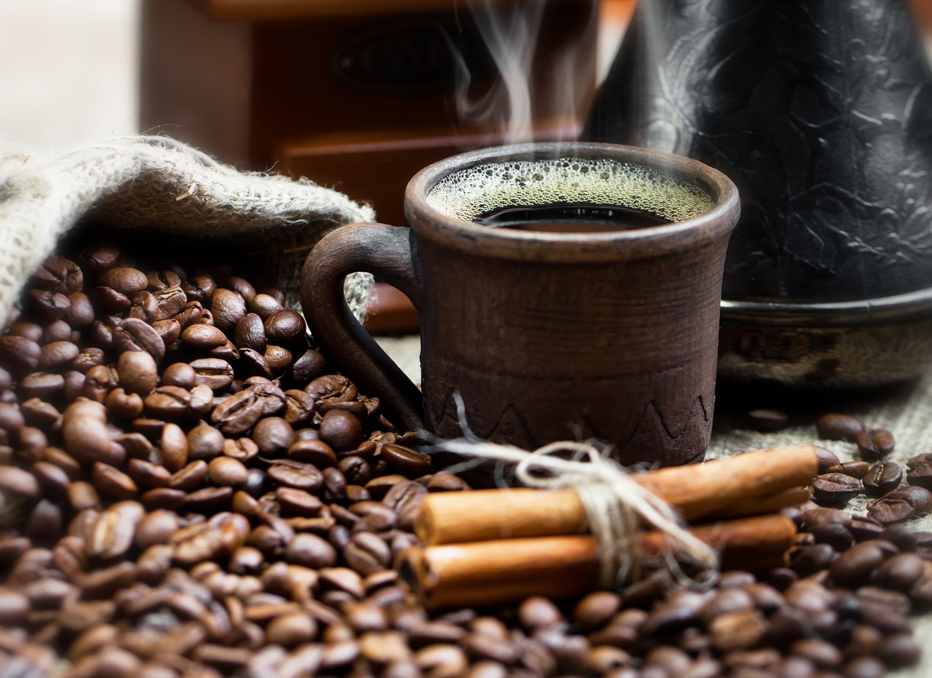 zimt beutel jezva tasse kaffee trinken dunst