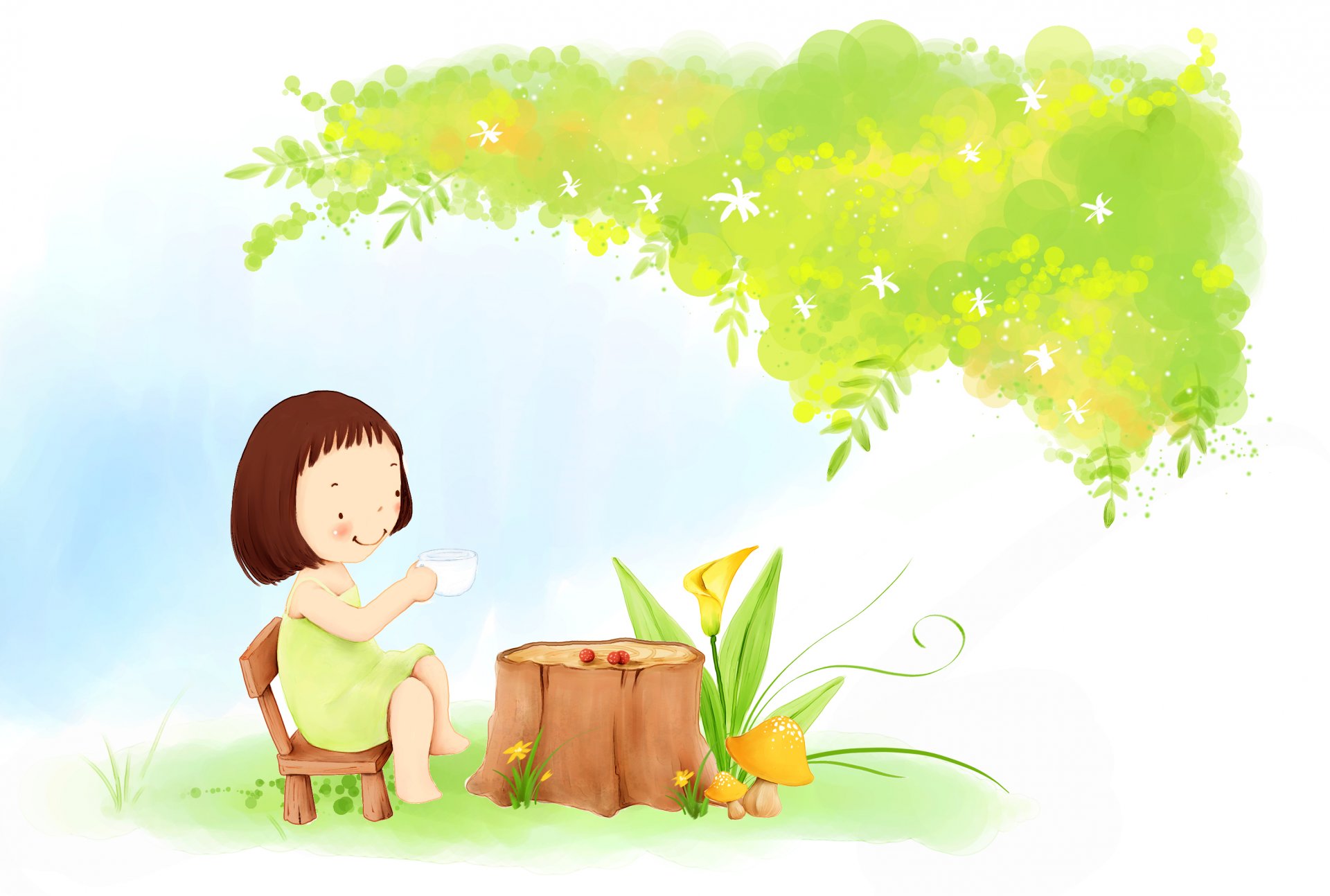 children s wallpaper girl tea tea party mushrooms tree foliage dress smile flower