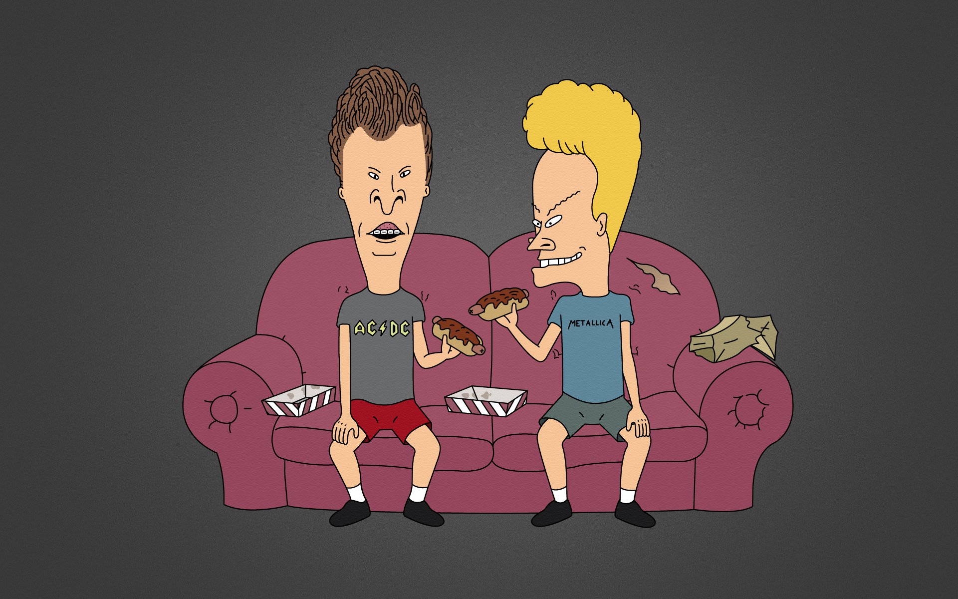 beavis and butthead dark gray background sofa sitting hot dog hamster