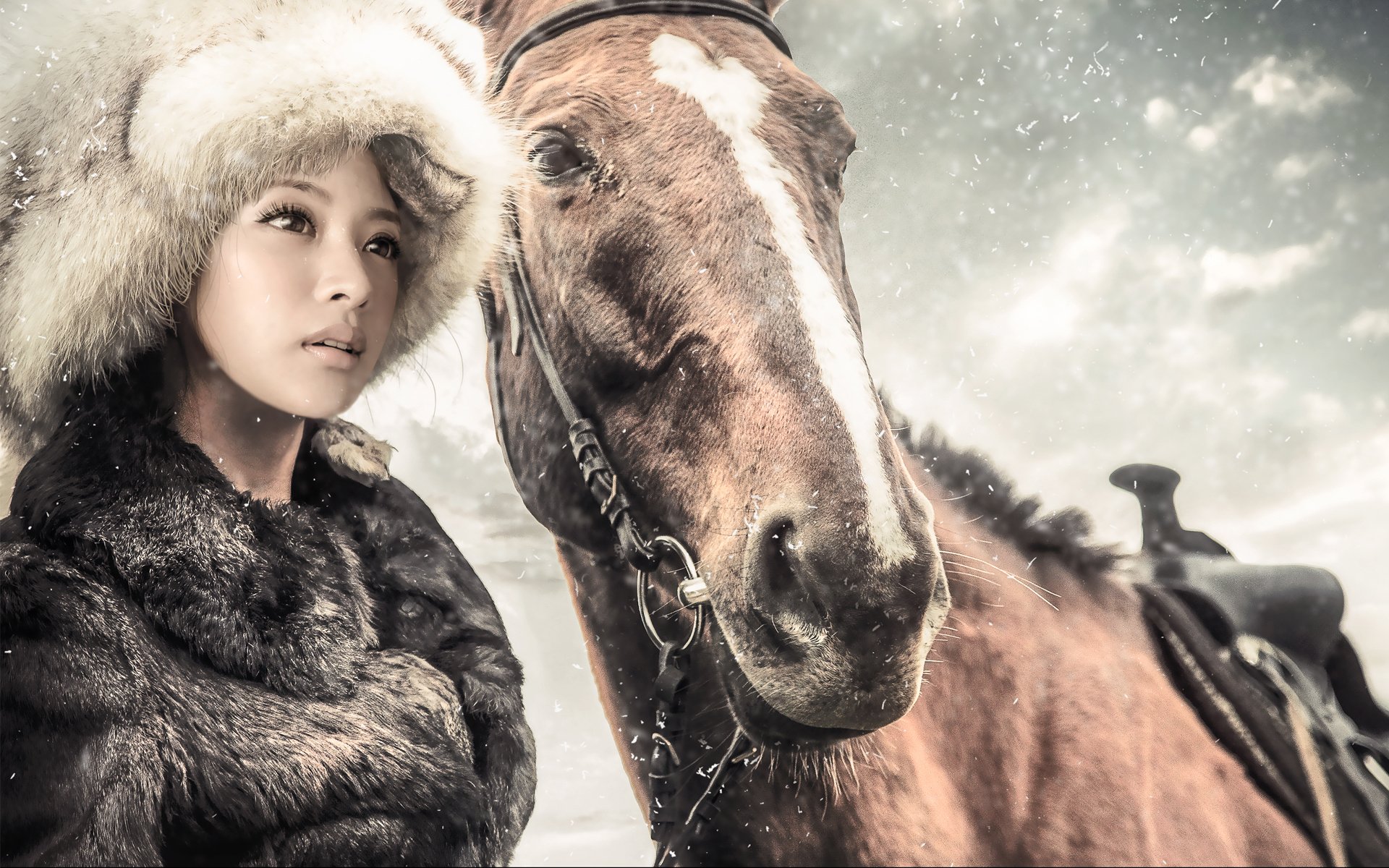 girl horse horse snow hat fur coat fur winter