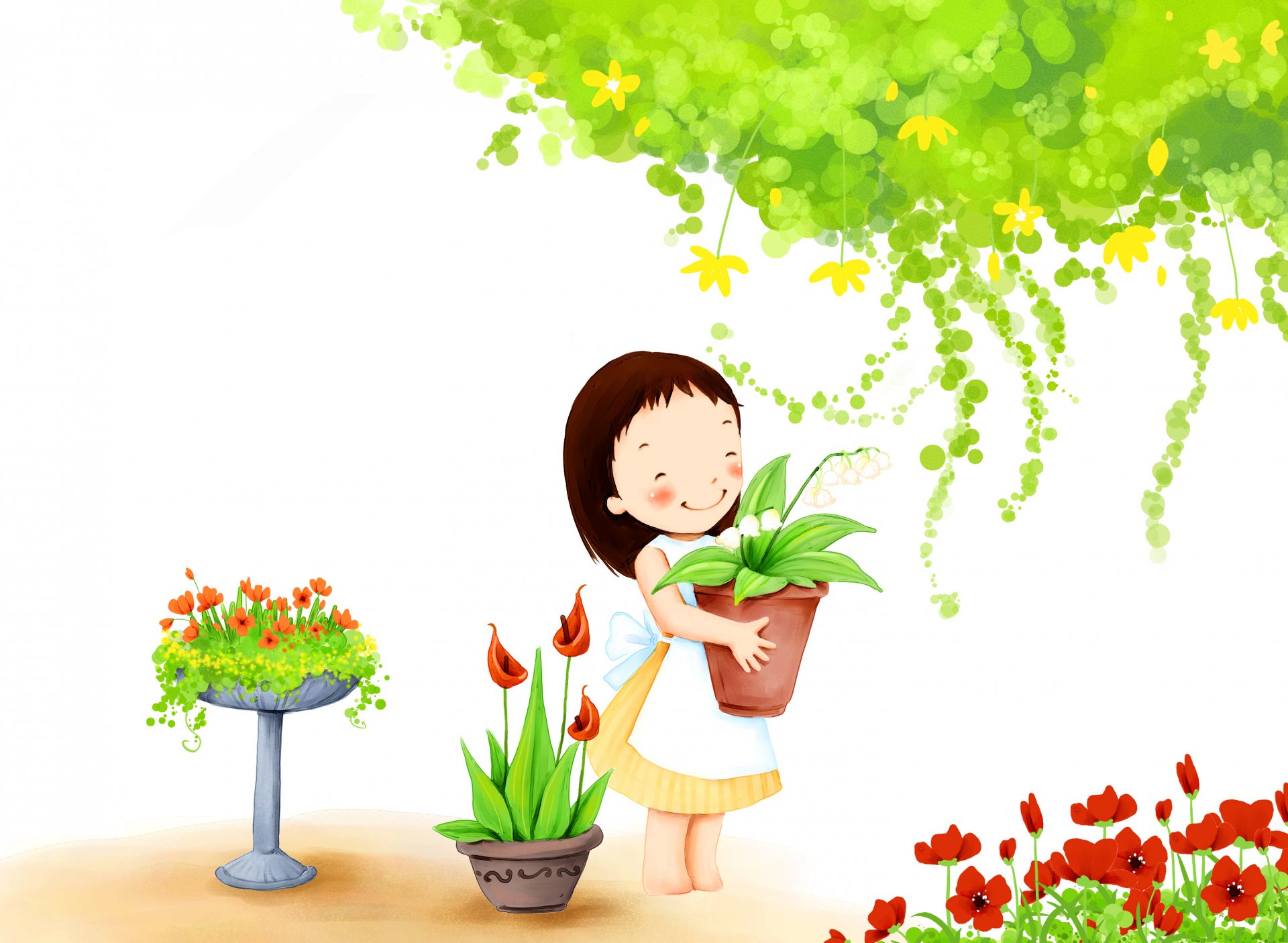 papier peint pour enfants fille sourire feuillage fleurs pots jardin