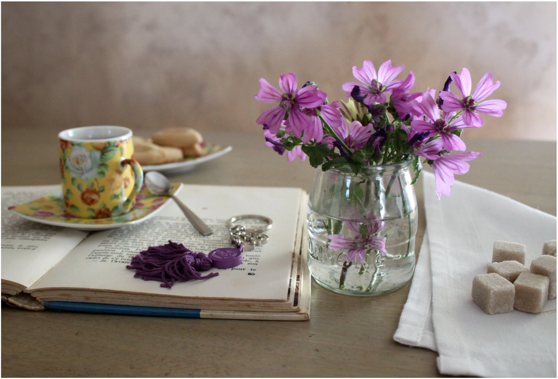 pausa tazza piattino cucchiaio libro portachiavi bouquet tovagliolo zucchero biscotti