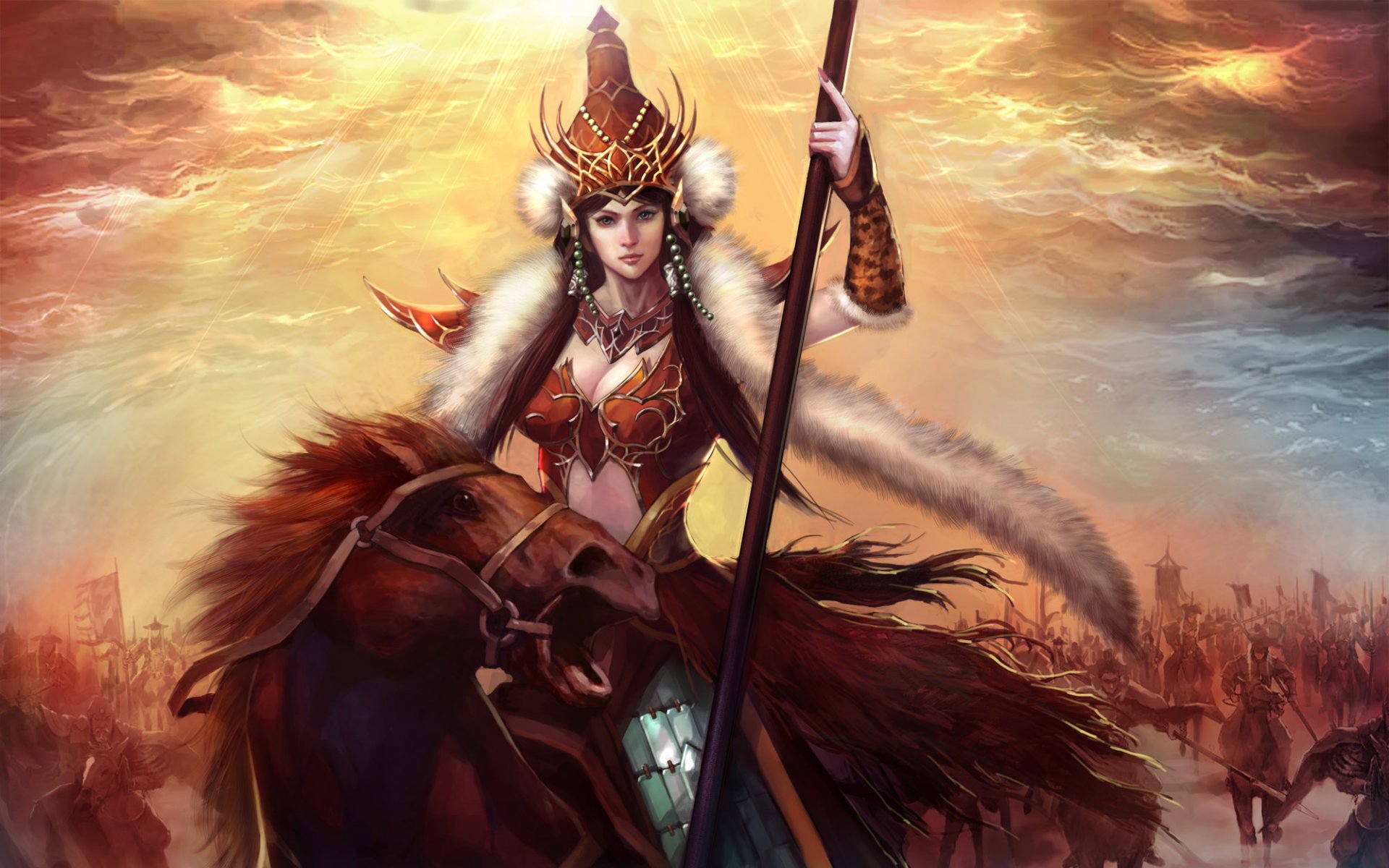 girl warrior riding spear armour fur army riders sun