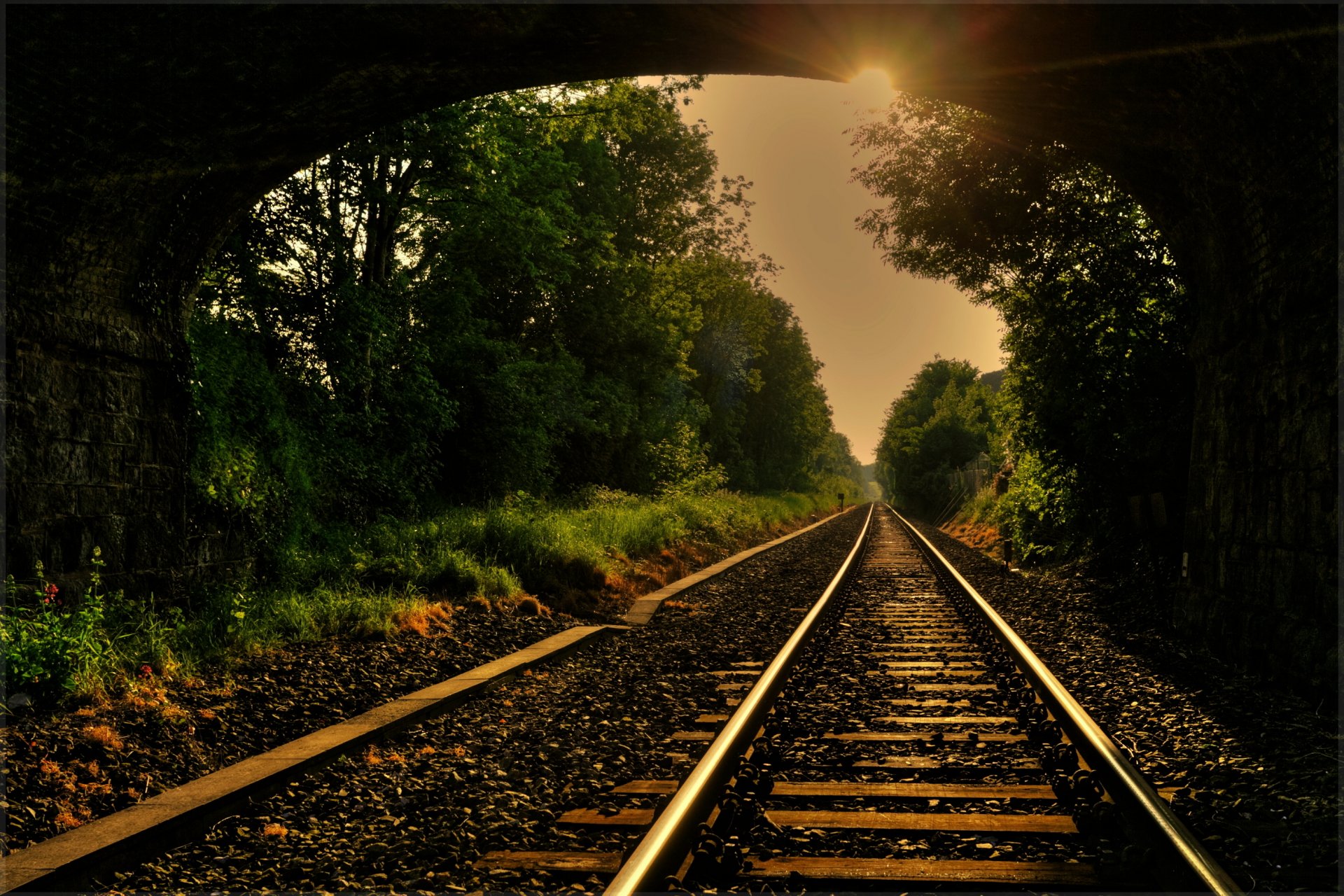 ferrovia rotaie traversine macerie vassoio ponte ad arco alberi raggi di sole