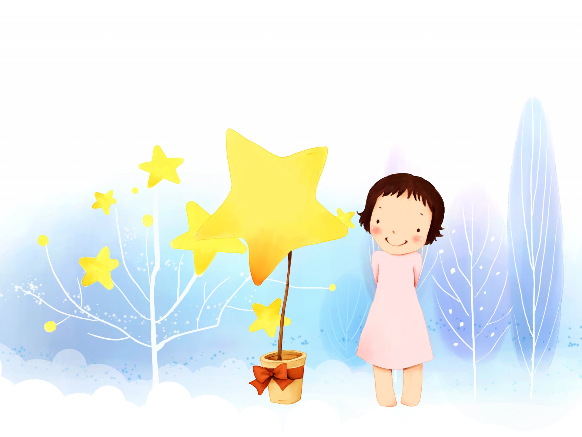 children s wallpaper girl dresses tree branch pot star bow