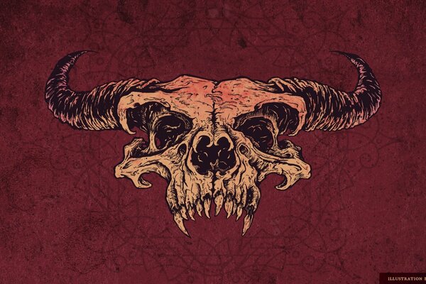 Drawing with a skull and horns on a red background