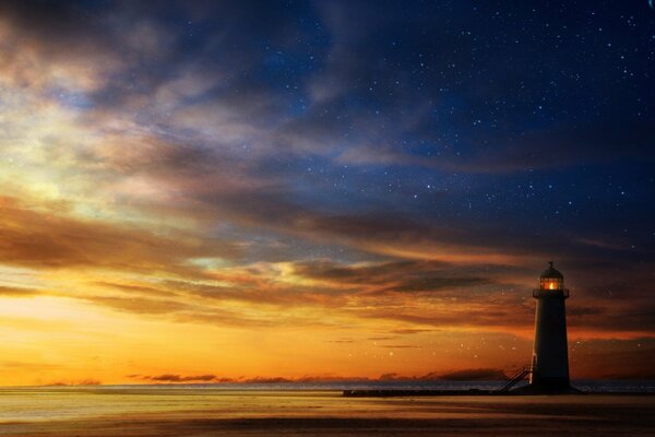 Lighthouse on the background of a beautiful sunset