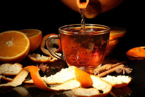 Tea drink made from orange peel, star anise and cinnamon