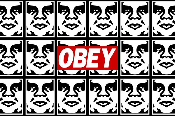 Логотип obey на фоне черно-белых лиц