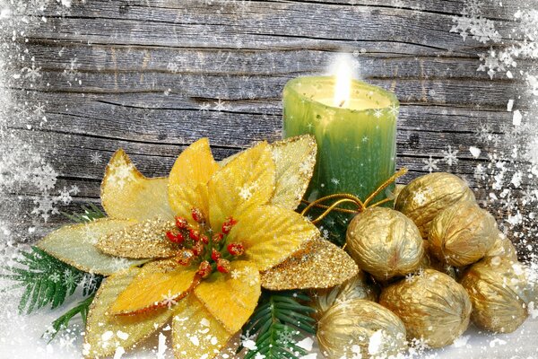 Nueces de invierno y flores en oro