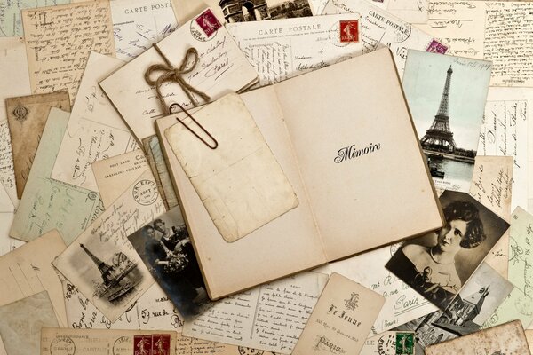 Old photo album and photos on the background of letters