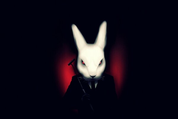 A white rabbit with red eyes in a suit