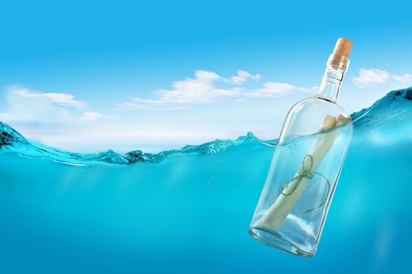 Bild einer schwimmenden Flasche mit einem Brief auf dem Wasser