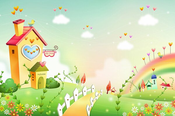 Houses on a green meadow. Hearts on the rainbow