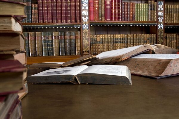 Books are on the table in the library