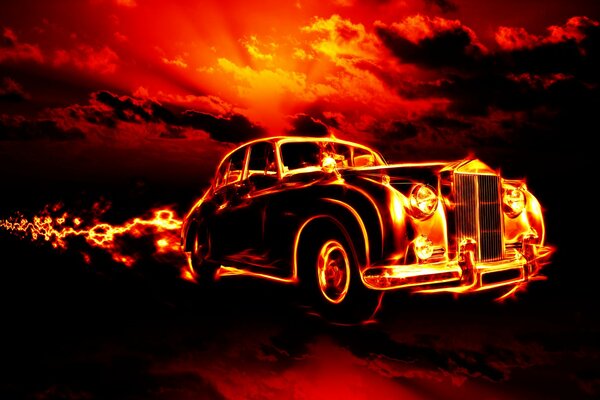 Hellfire from under the wheels of a classic car, against a red sky