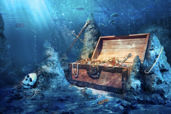 An open treasure chest at the bottom of the sea