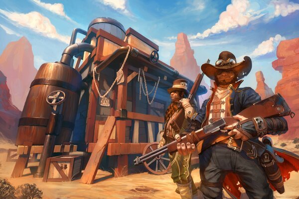 Art picture cowboys with a gun stand against the background of a building