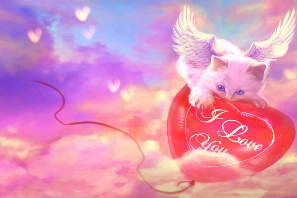 A beautiful kitty hugging a balloon on the background of clouds