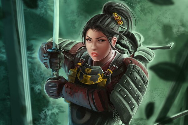 Brunette girl samurai painted Art