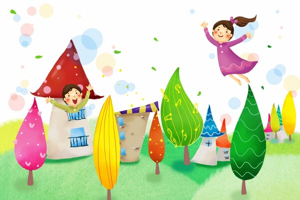 Children s wallpaper houses trees girl and boy