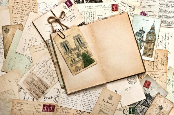 Old letters with postcards and stamps