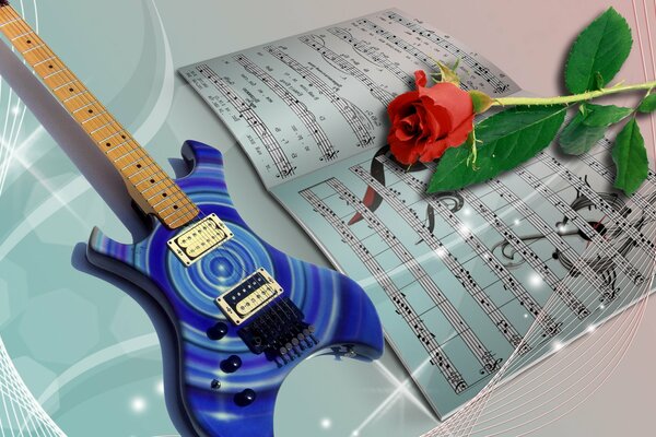 Rosa en las notas y la guitarra hermosa imagen