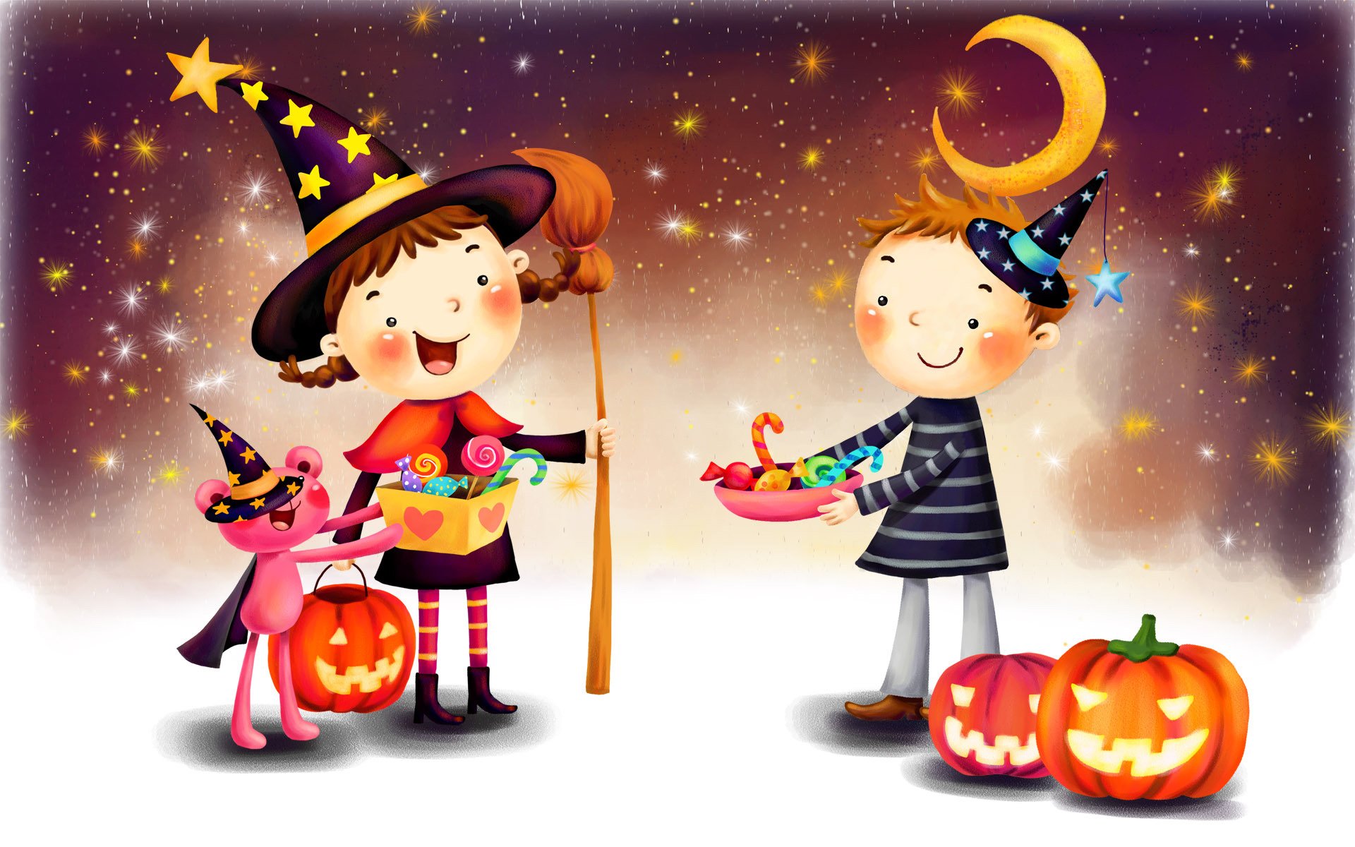 picture girl boys fantasy halloween pumpkin moon candies smile suits hats broom pigtails coat