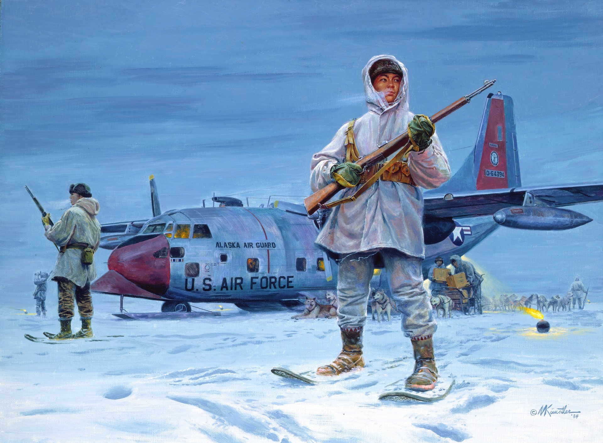 zeichnung wächter des nordens alaska schnee eskimos flugzeug luftwaffe der nationalgarde hunde schlitten