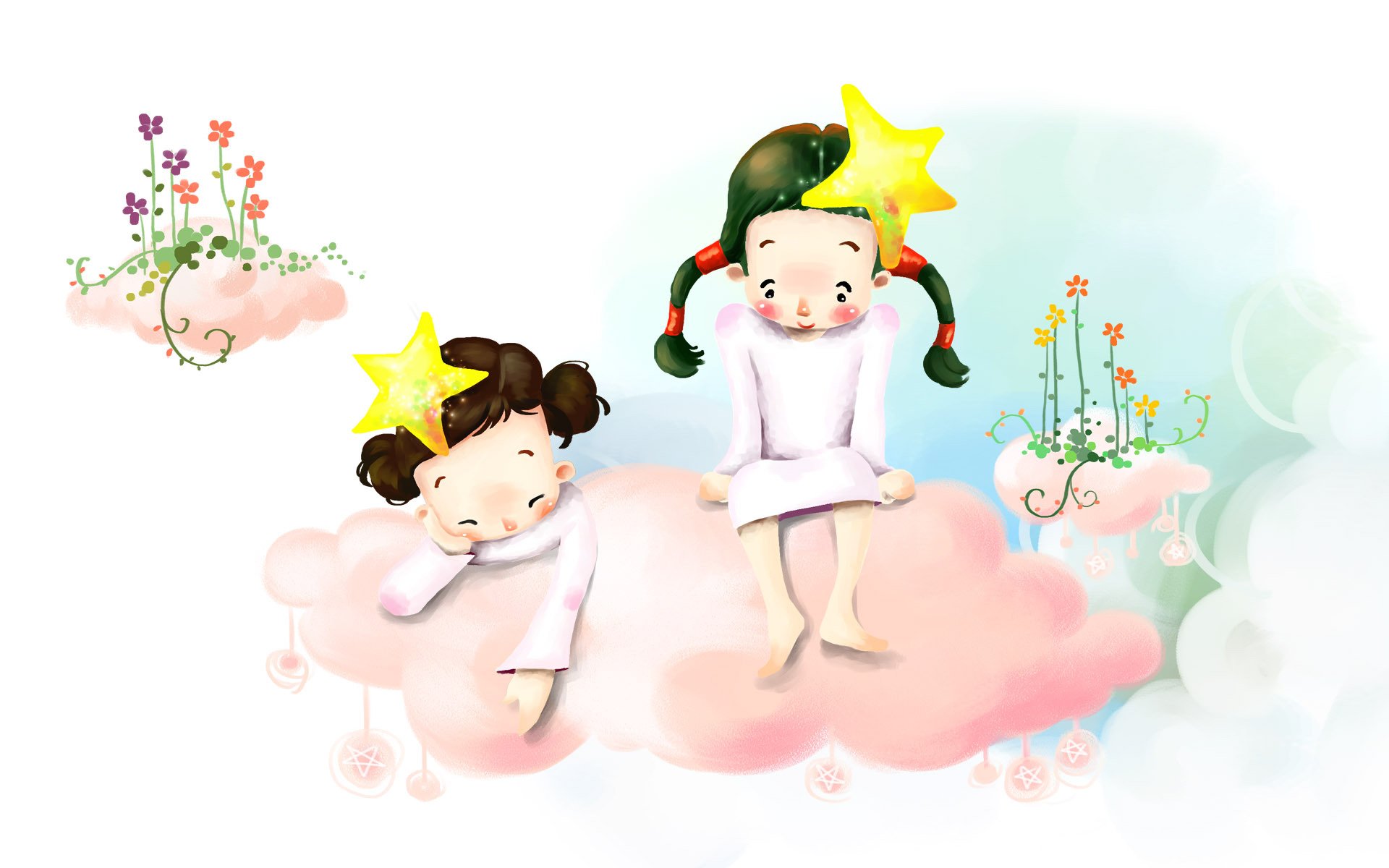 dessin enfants nuage pieds nus fleurs tresses