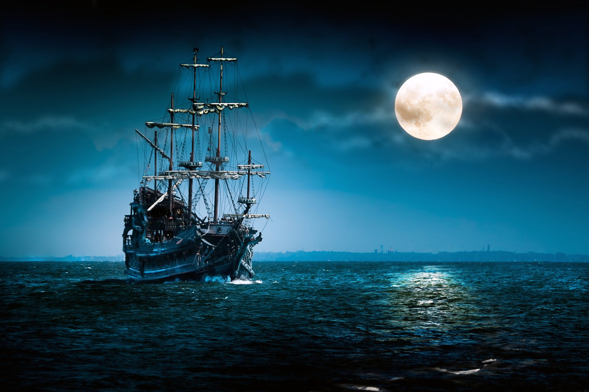 ea night full moon clouds ship swimming