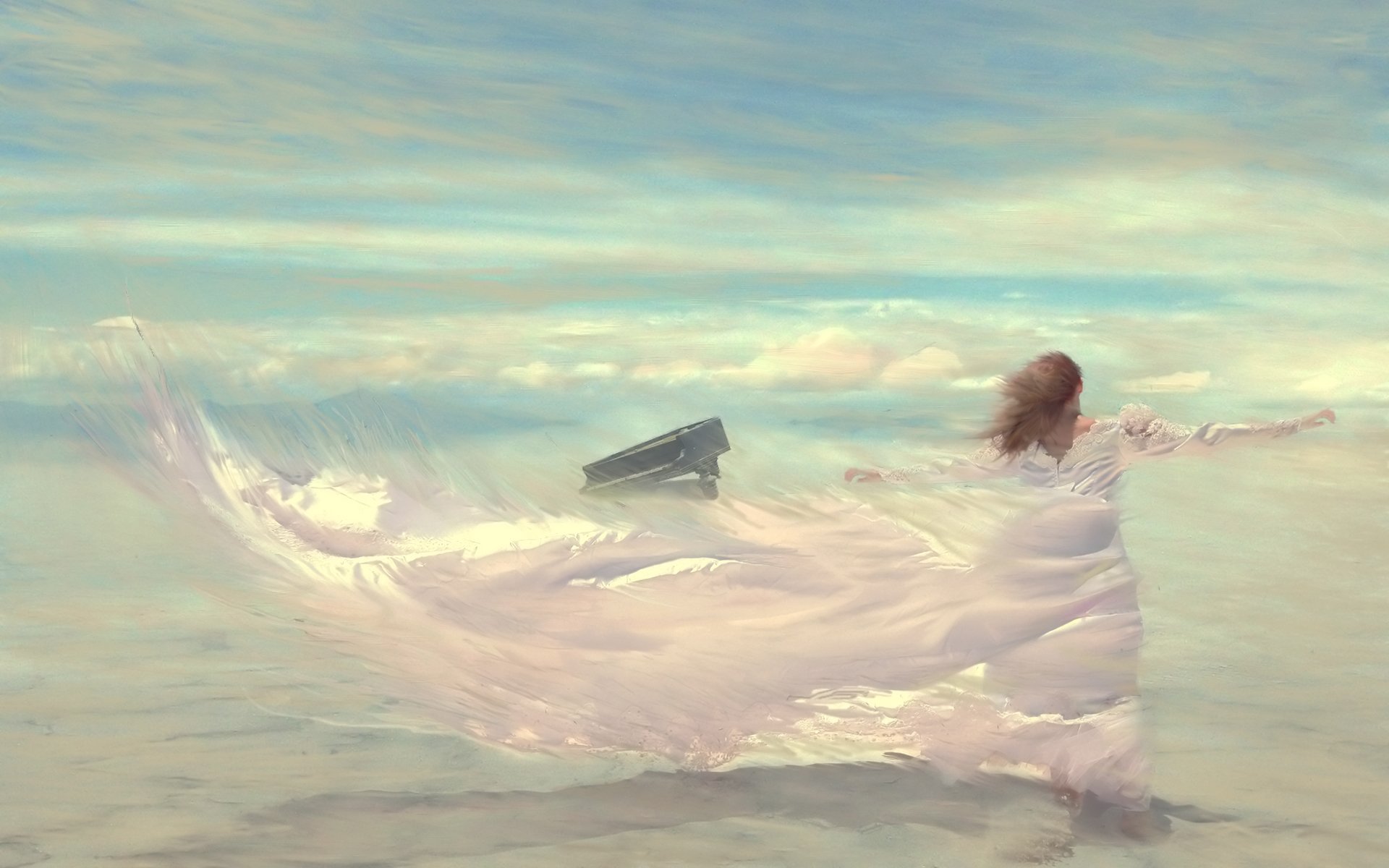 picture wind girl dress sky piano cloud