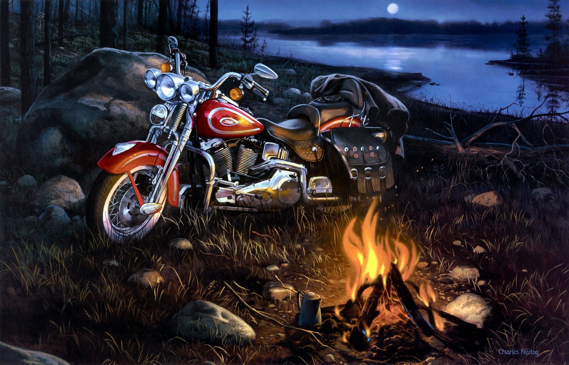 charles freitag moto harley-davidson fiume paesaggio arte