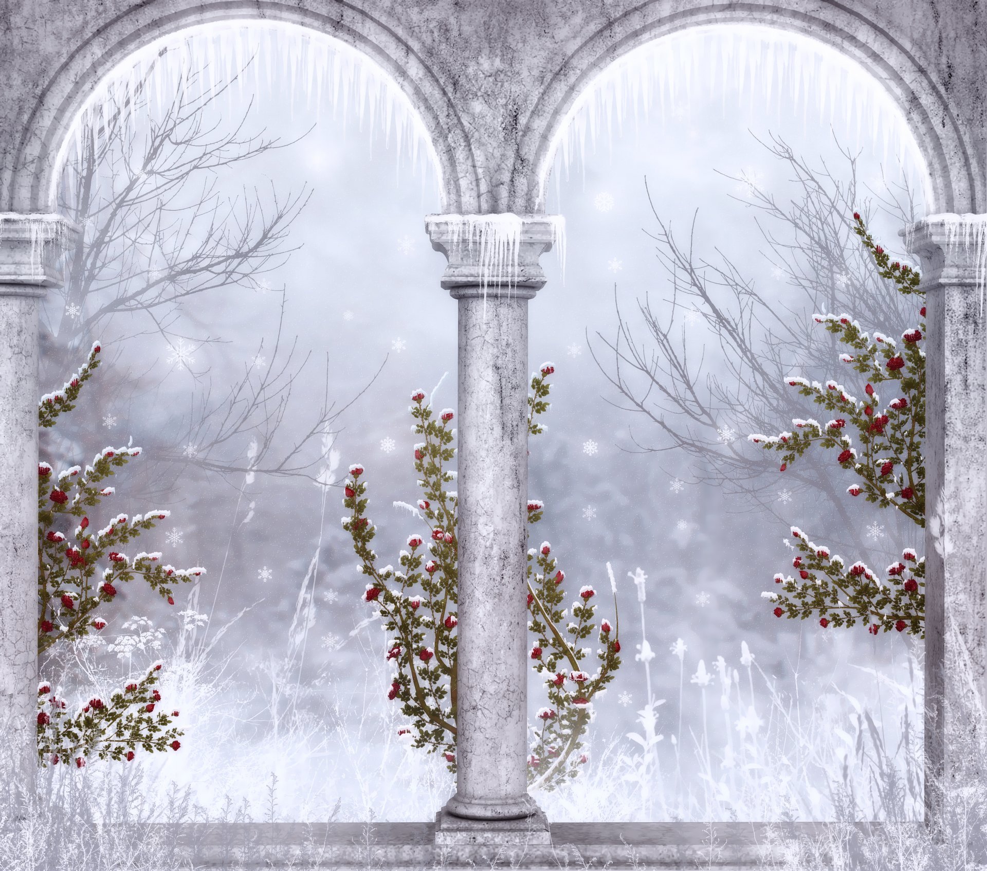 gothique hiver colonnes ruines glaçons flocons de neige